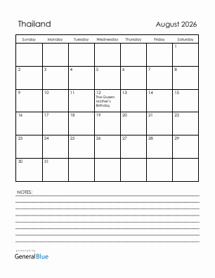 Current month calendar with Thailand holidays for August 2026