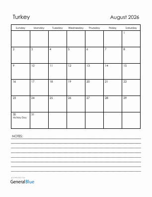 Current month calendar with Turkey holidays for August 2026