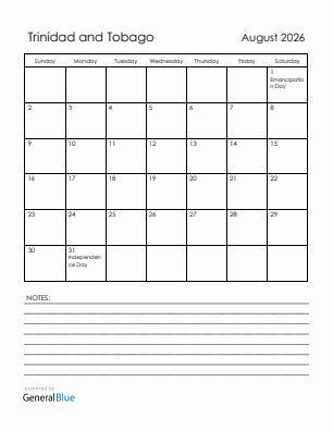 Current month calendar with Trinidad and Tobago holidays for August 2026