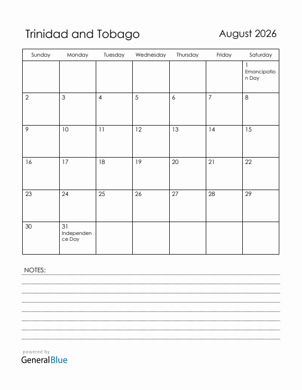 August 2026 Trinidad and Tobago Calendar with Holidays (Sunday Start)