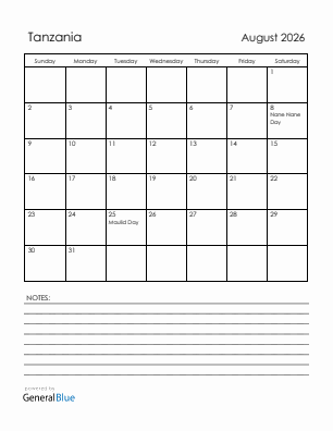 Current month calendar with Tanzania holidays for August 2026