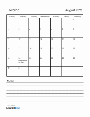 Current month calendar with Ukraine holidays for August 2026