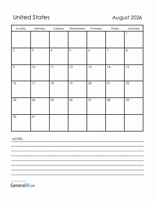 Current month calendar with United States holidays for August 2026