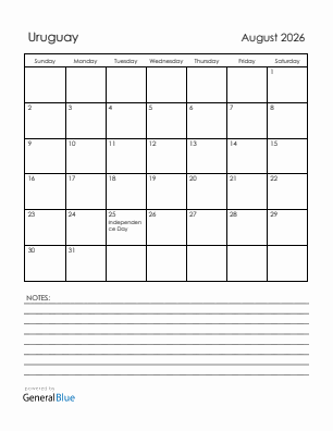 Current month calendar with Uruguay holidays for August 2026
