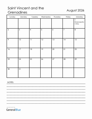 Current month calendar with Saint Vincent and the Grenadines holidays for August 2026