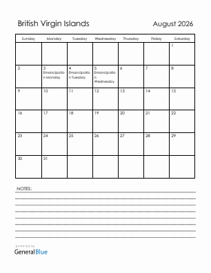 Current month calendar with British Virgin Islands holidays for August 2026