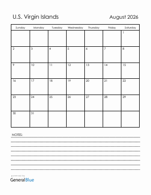 Current month calendar with U.S. Virgin Islands holidays for August 2026