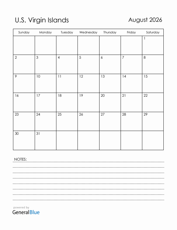 August 2026 U.S. Virgin Islands Calendar with Holidays (Sunday Start)