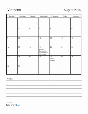 Current month calendar with Vietnam holidays for August 2026