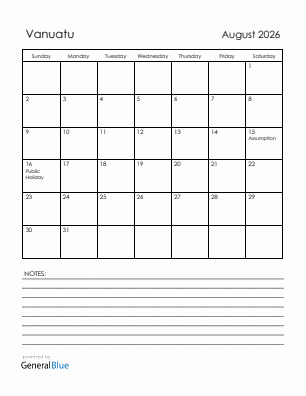 Current month calendar with Vanuatu holidays for August 2026