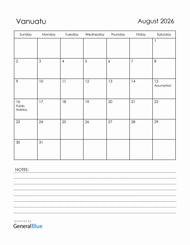 August 2026 Vanuatu Calendar with Holidays (Sunday Start)