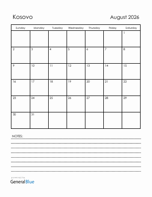 Current month calendar with Kosovo holidays for August 2026