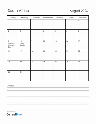 Current month calendar with South Africa holidays for August 2026