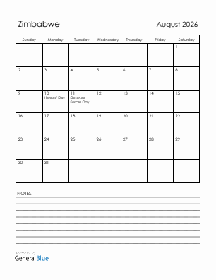 Current month calendar with Zimbabwe holidays for August 2026