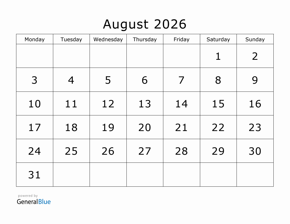 Printable August 2026 Calendar
