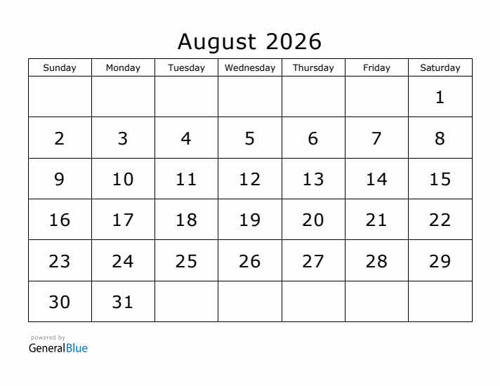 Printable August 2026 Calendar Printable August 2026 Calendar
