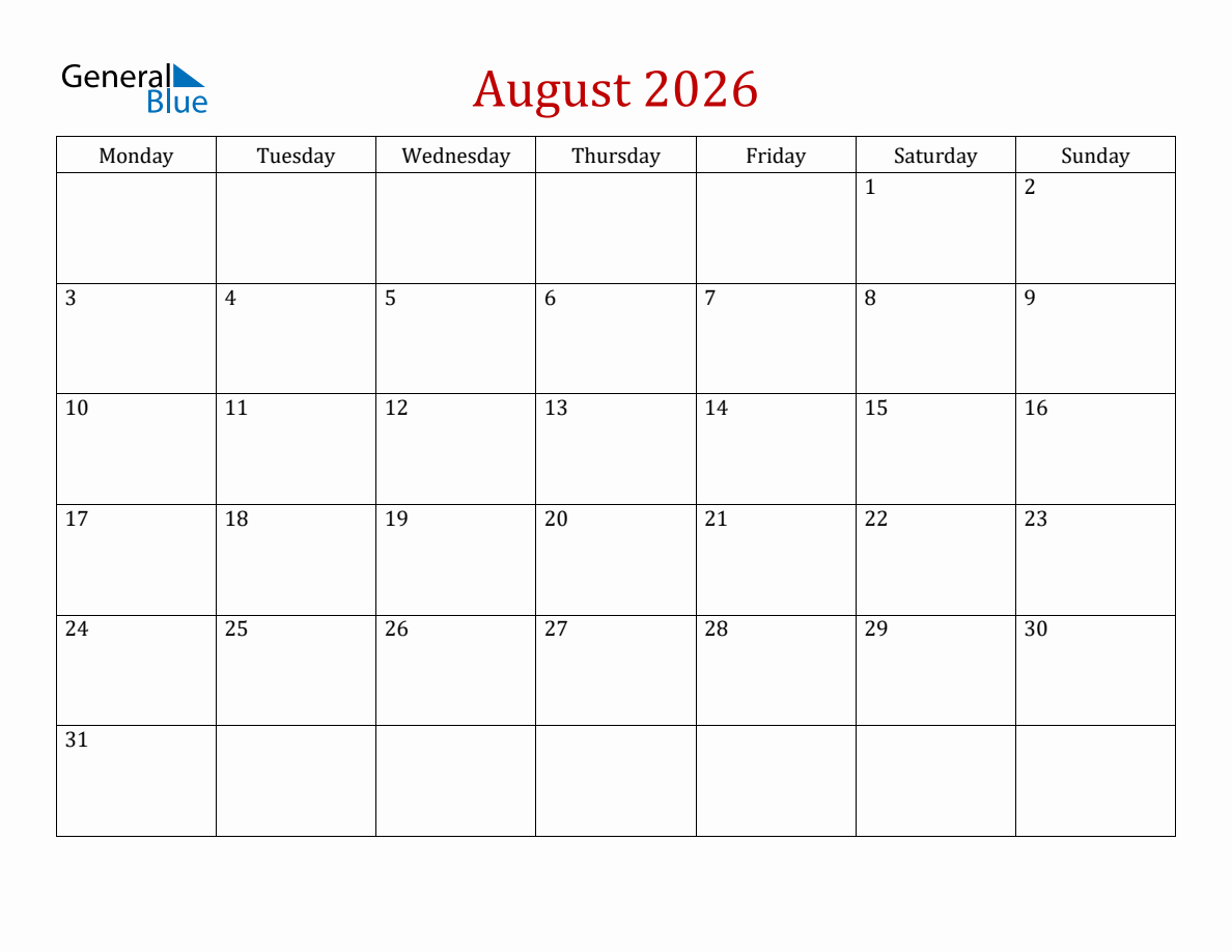 August 2026 Simple Calendar - Monday Start