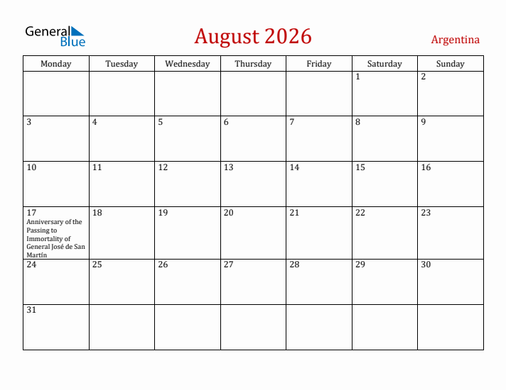 Argentina August 2026 Calendar - Monday Start