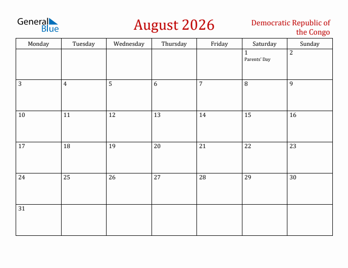 Democratic Republic of the Congo August 2026 Calendar - Monday Start