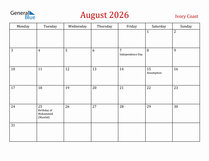 Ivory Coast August 2026 Calendar - Monday Start
