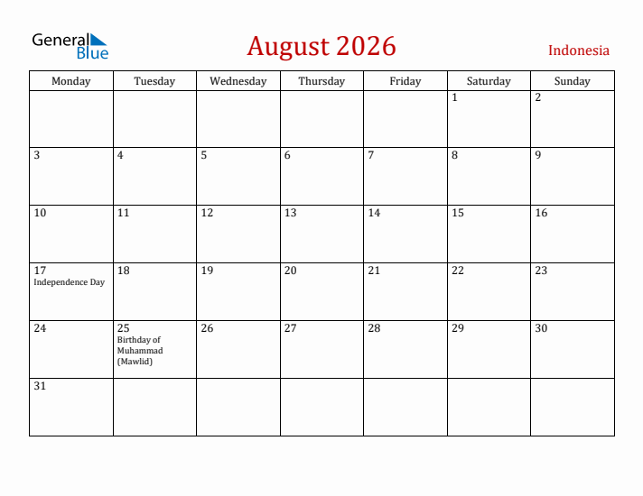 Indonesia August 2026 Calendar - Monday Start