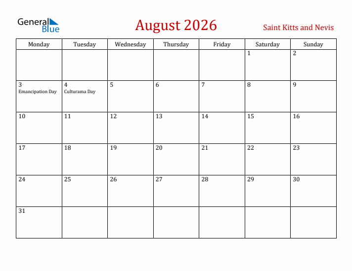 Saint Kitts and Nevis August 2026 Calendar - Monday Start