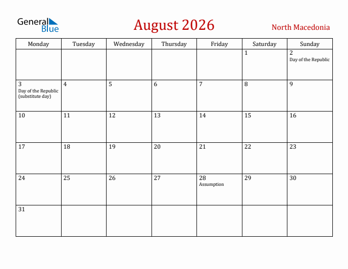 North Macedonia August 2026 Calendar - Monday Start
