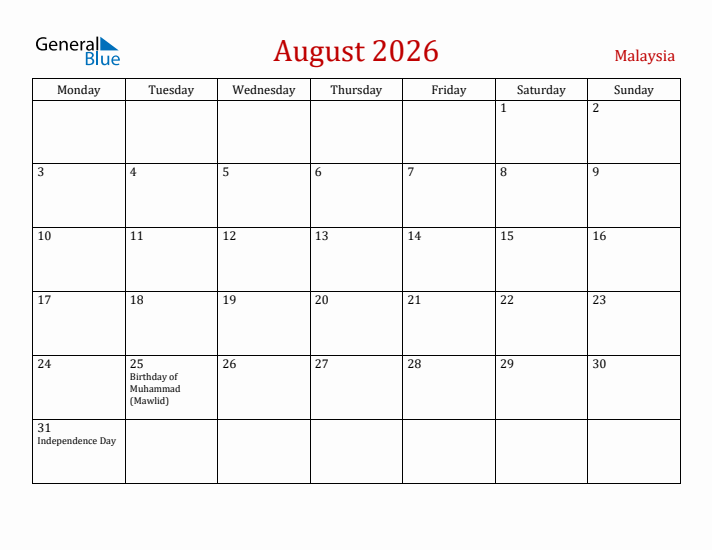 Malaysia August 2026 Calendar - Monday Start