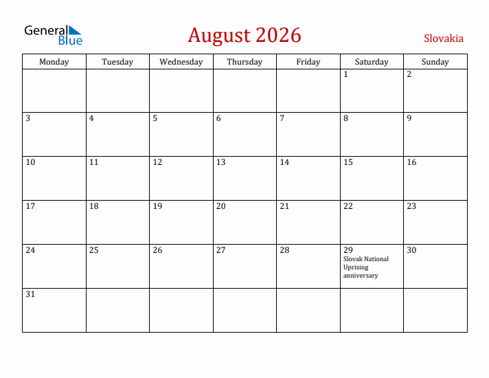 Slovakia August 2026 Calendar - Monday Start