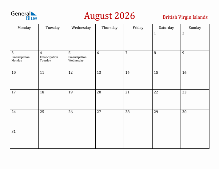 British Virgin Islands August 2026 Calendar - Monday Start