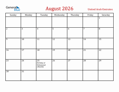 Current month calendar with United Arab Emirates holidays for August 2026