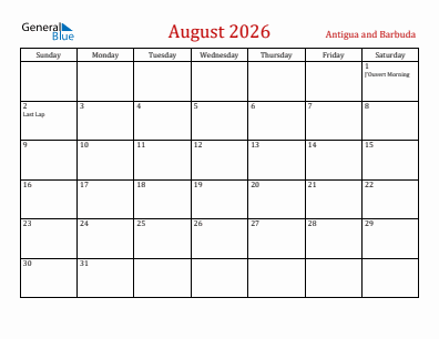 Current month calendar with Antigua and Barbuda holidays for August 2026