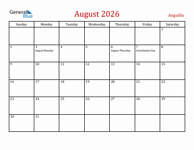 Current month calendar with Anguilla holidays for August 2026