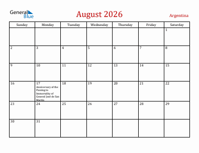 Current month calendar with Argentina holidays for August 2026