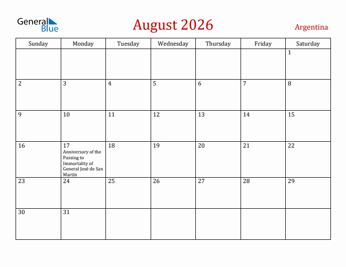 Argentina August 2026 Calendar - Sunday Start