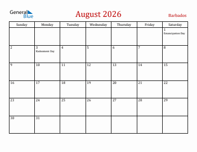 Current month calendar with Barbados holidays for August 2026