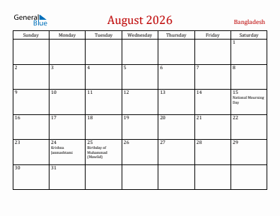 Current month calendar with Bangladesh holidays for August 2026