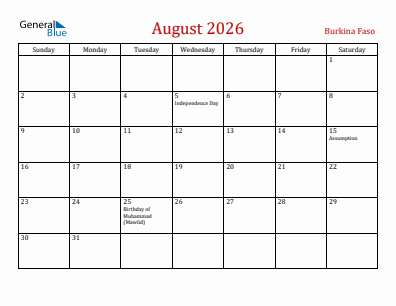 Current month calendar with Burkina Faso holidays for August 2026