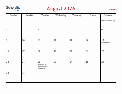 Current month calendar with Benin holidays for August 2026