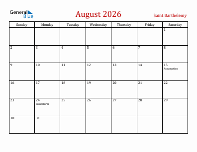 Current month calendar with Saint Barthelemy holidays for August 2026