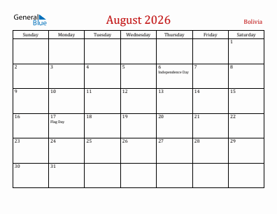 Current month calendar with Bolivia holidays for August 2026