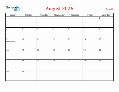 Current month calendar with Brazil holidays for August 2026