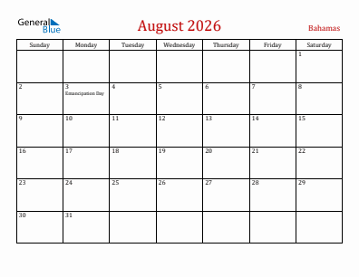 Current month calendar with Bahamas holidays for August 2026