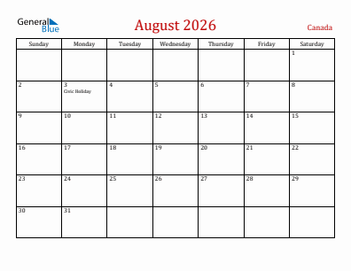 Current month calendar with Canada holidays for August 2026