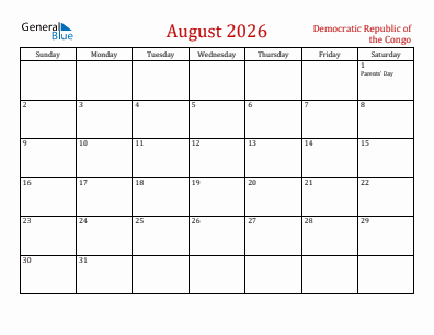 Current month calendar with Democratic Republic of the Congo holidays for August 2026