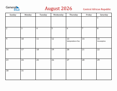 Current month calendar with Central African Republic holidays for August 2026