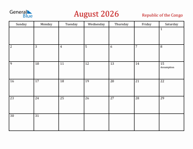 Current month calendar with Republic of the Congo holidays for August 2026
