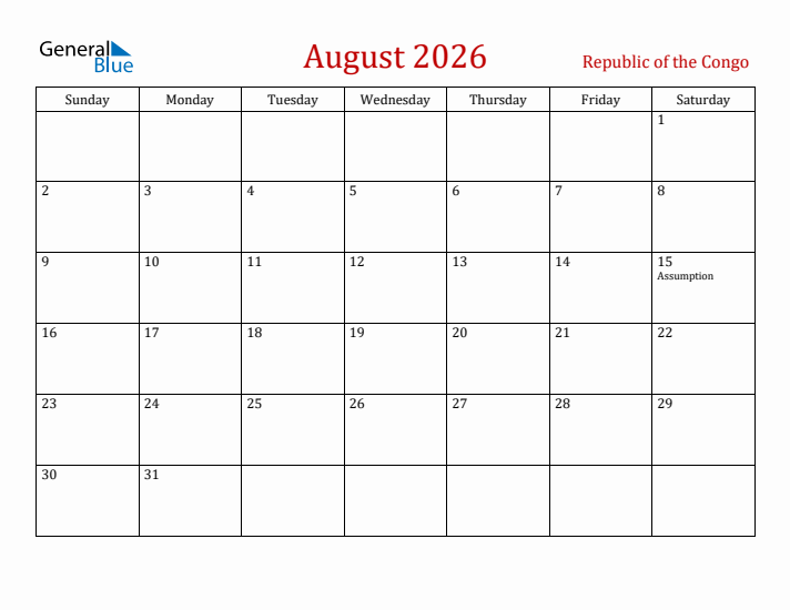 Republic of the Congo August 2026 Calendar - Sunday Start