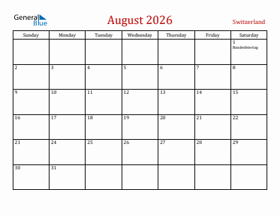 Current month calendar with Switzerland holidays for August 2026