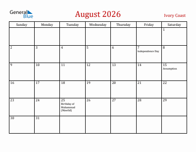 Current month calendar with Ivory Coast holidays for August 2026
